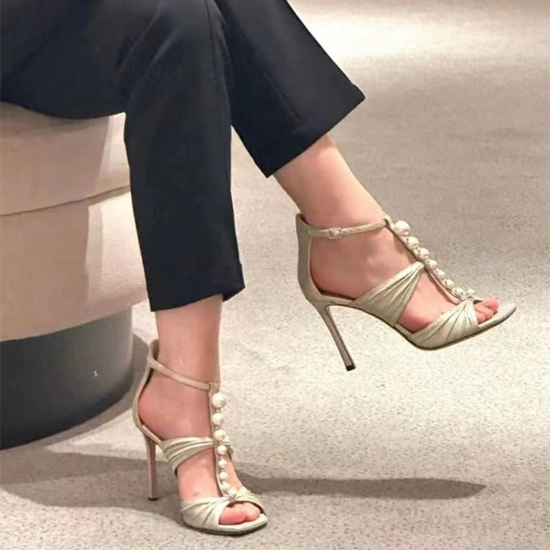 Fashion Star style Fashion Pleated Mary Janes Women Sandals Luxury Pearls Stiletto High heels Rome Sandals Summer Party Banquet Shoes
