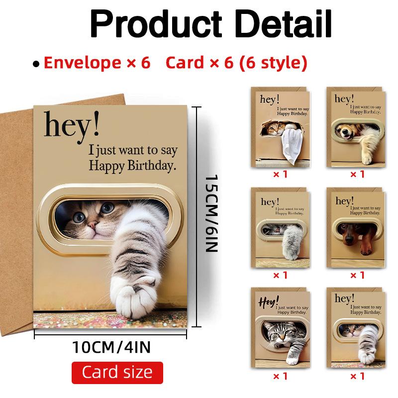12PCS Cute Cat Birthday Cards Playful Kitty Paw Design Blank Greeting Cards for Cat Lovers Birthday Party Wishes 6 set