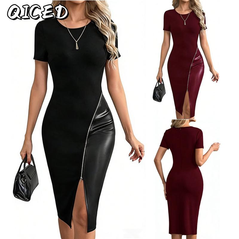 QICED Fashion Summer Spring Solid Color Print O-Neck Short Sleeve Casual Dresses