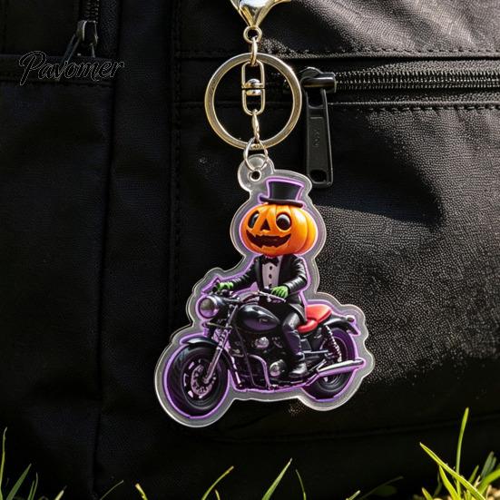 Motorcycle Pumpkin Man Key Ring Halloween Rider Acrylic Keychain, Scary Holiday Keychain Ring, Backpacks Handbags Decorative Party Favors Lightweight