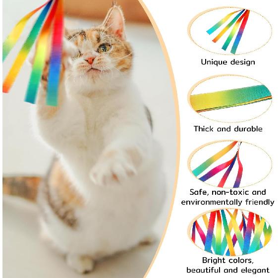 5 Pcs Cat Ribbon Toy, Cat Toy Wand Replacement Interactive Kitten Rainbow Toys Wand, Portable Cats Teaser Wands, Kitten Ribbon Refill Attachment Toys