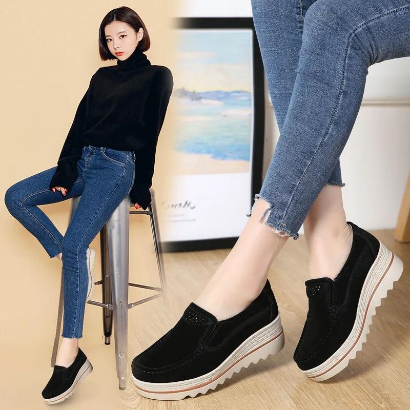 2025 Autumn Women Flats Shoes Thick Platform Sneakers Shoes Leather Suede Casual Shoes Slip On Flats Heels Creepers Moccasins