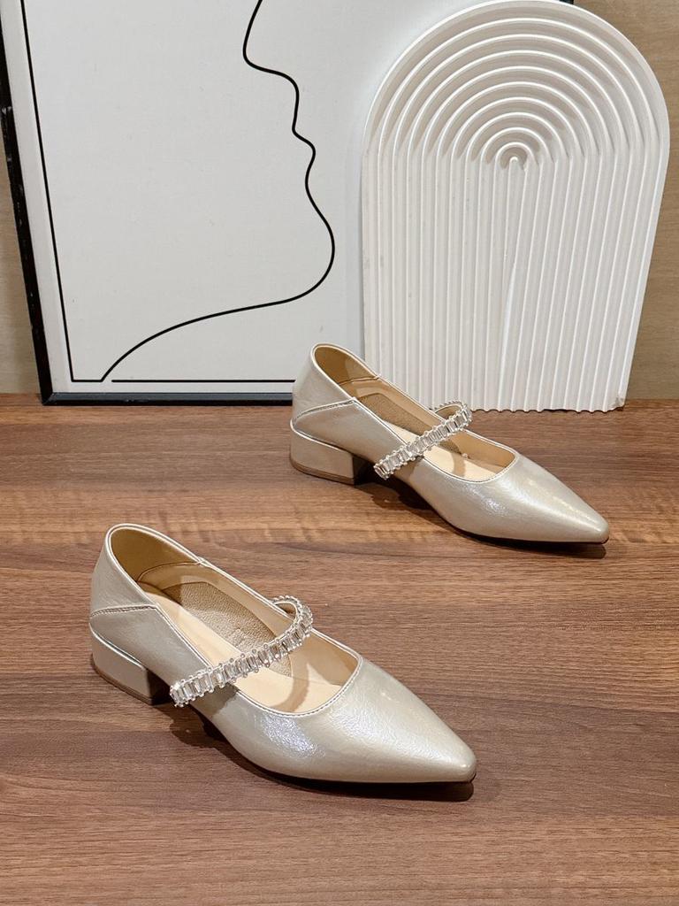 French Silver Rhinestone Mary Jane Shoes Girl 2025 Summer New Pointed Temperament Fairy Style Word with Thick Heel Shoes