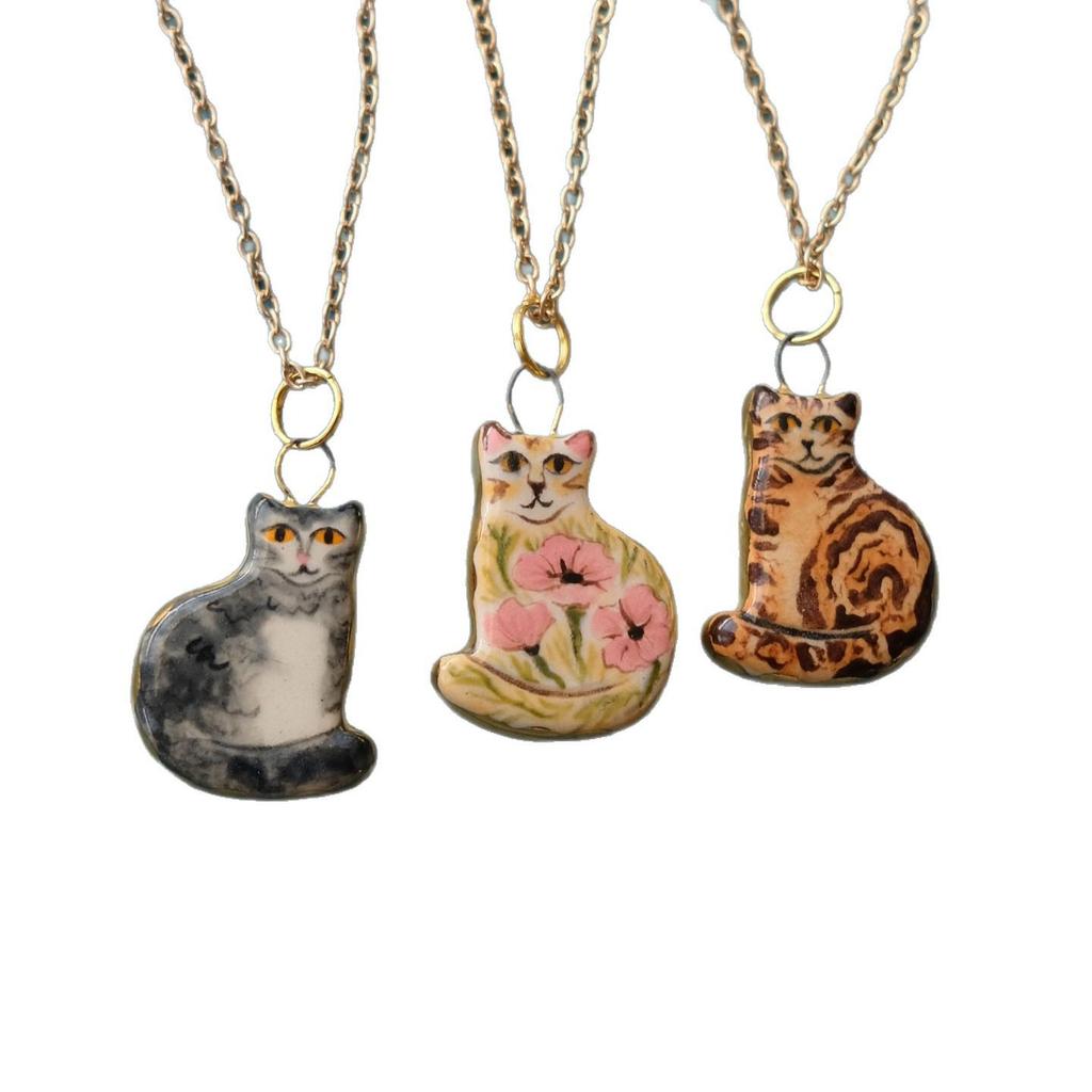 Stainless Steel Kitten Print Enamel Ceramic Pendant Necklace/Bracelet