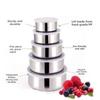 5pcs Stainless Steel Salad Bowl Set with Lid 230/400/600/1000/1200ML Food Storage Container Fresh Keeping Nesting Bowls