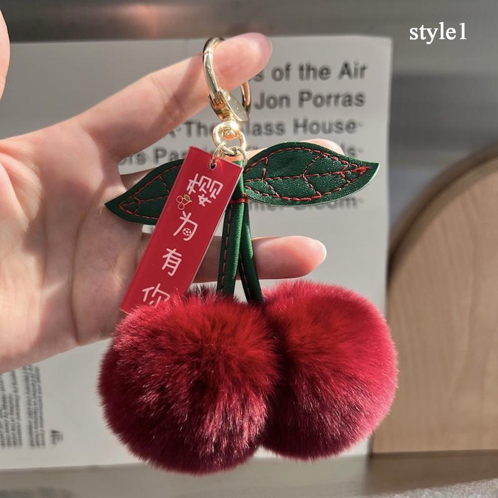 

Keychain Key Fob Bag Pendant Fluffy Cherry Keyring Bag Hanging Leaf Artificial Rabbit Fur Ball Key Holder Plush Bag Accessories