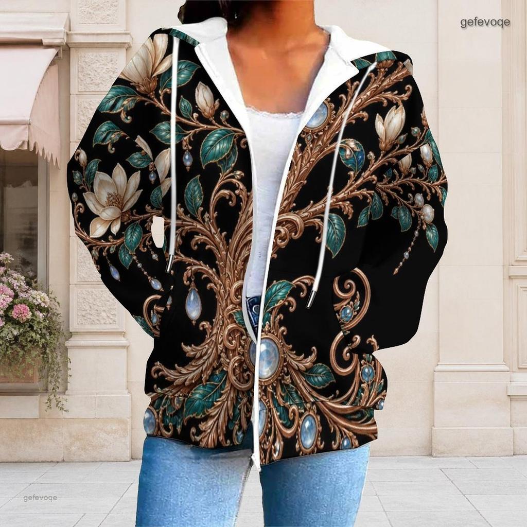 Women Plus Size Zip Up Hoodie Long Sleeve Floral Printed Hooded Sweatshirt With Pockets