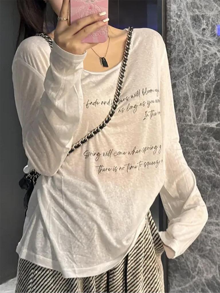 Korean Style Sheer Long Sleeve Letter Print T-Shirt Cardigan for Women - Casual Lightweight Sun Protection
