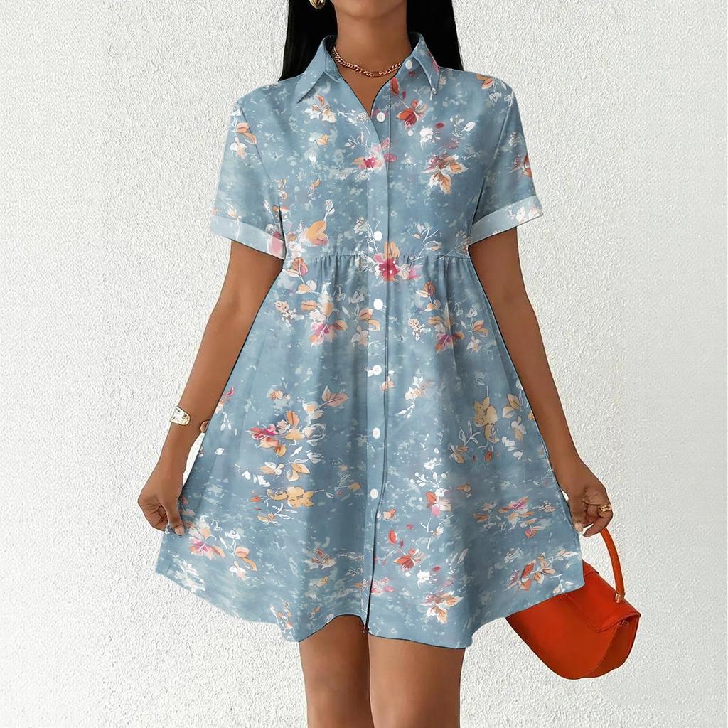 Women's Casual Loose Fit Shirt Dress Button Front Short Sleeve Collared Dress A-Line Hem Summer Dress