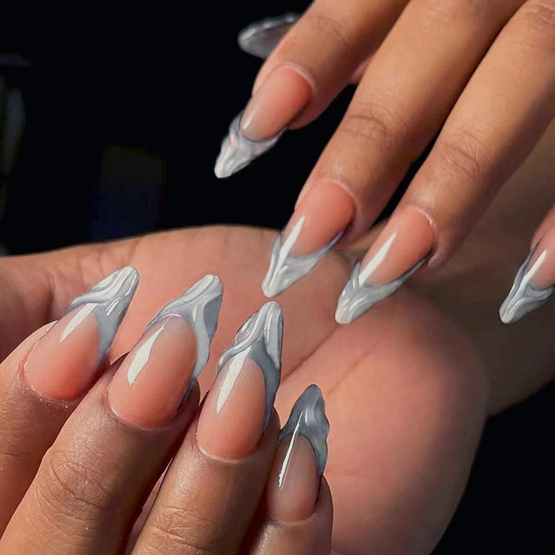 French Nail Patch Nail Patch 3D Stereo Nail Patch Metal Texture Medium and Long Almond Nail 24 pieces