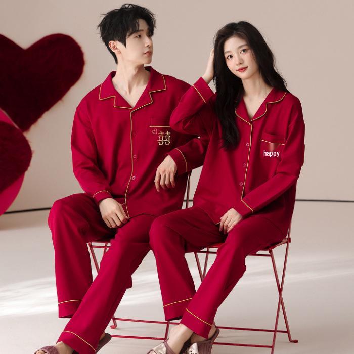 2026 Lunar New Year Red Dragon Pajama Set: Long Pants, Long Sleeves, Lapel Cardigan for Couples & Newlyweds