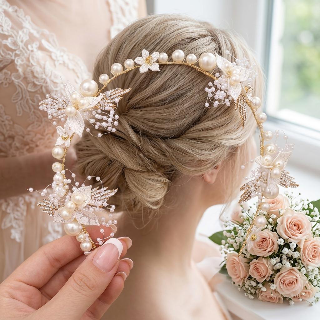 Bridal Rhinestone Leaf Headband Pearl Hairpiece Wedding Accessory