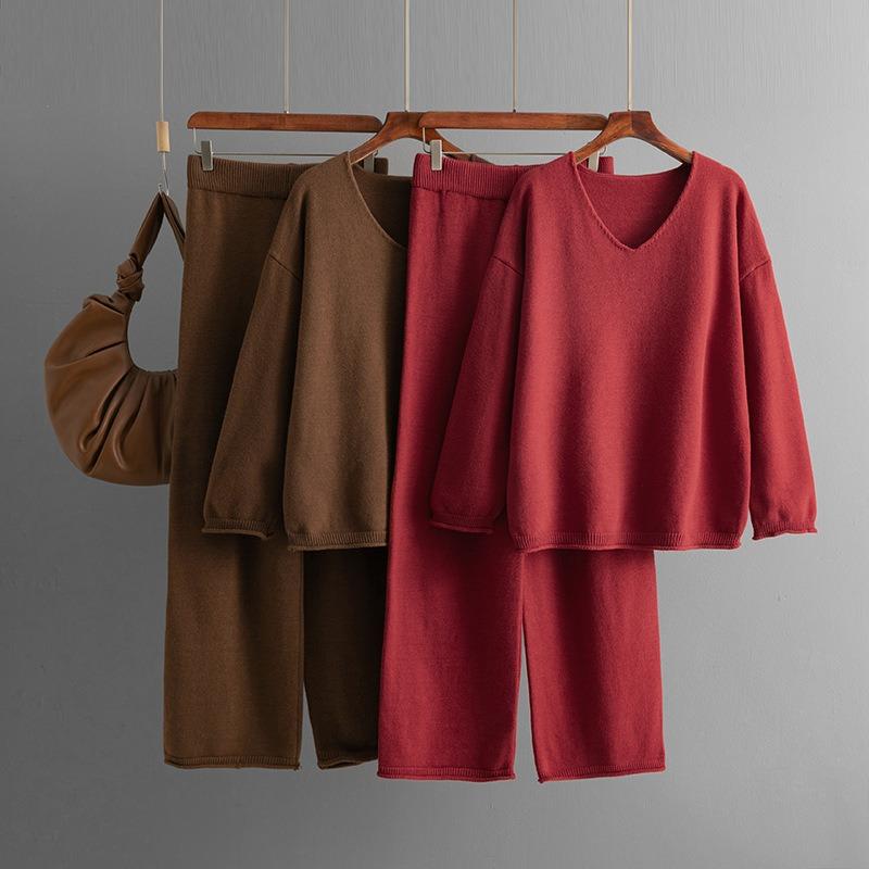 Solid color collar fashion set, new autumn and winter loose high-waisted casual sweater two-piece set