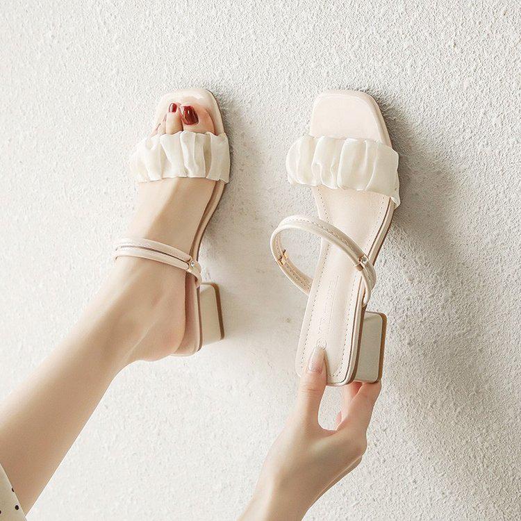 Women's Summer 2025 French Style Chunky Heel Sandals: Mid-Heel Internet Celebrity Two-Wear Sandals and Slippers