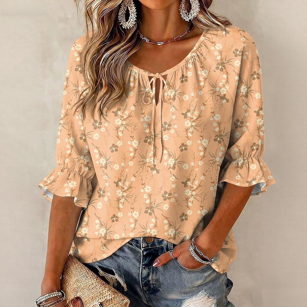 Women's Retro Floral Print Blouse with Ruffle Three-Quarter Sleeves and Tie Front