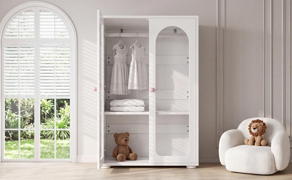 2-Door Wardrobe, Bedroom Storage Cabinet, Children's Wardrobe, with Clothes Rail, Acrylic Transparent Doors, Ceramic Handles, White, 80×50×120 Cm