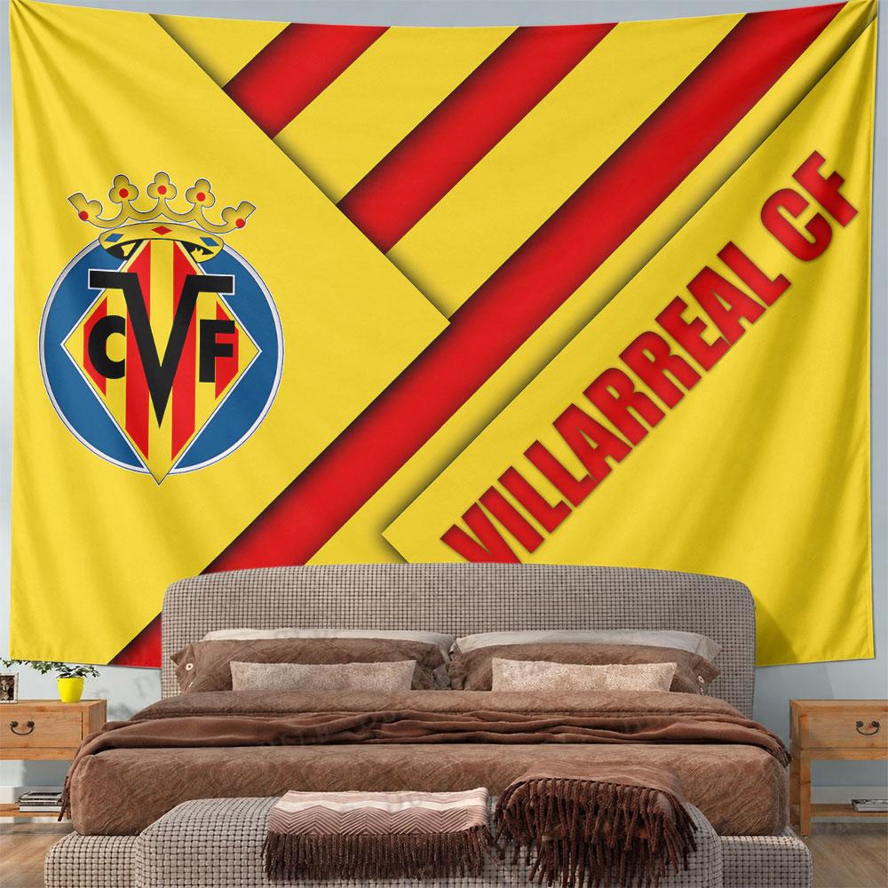 Diagonal yellow and red stripes with Villarreal CF logo and text design. Patterned tapestry for bedroom and living room home decor