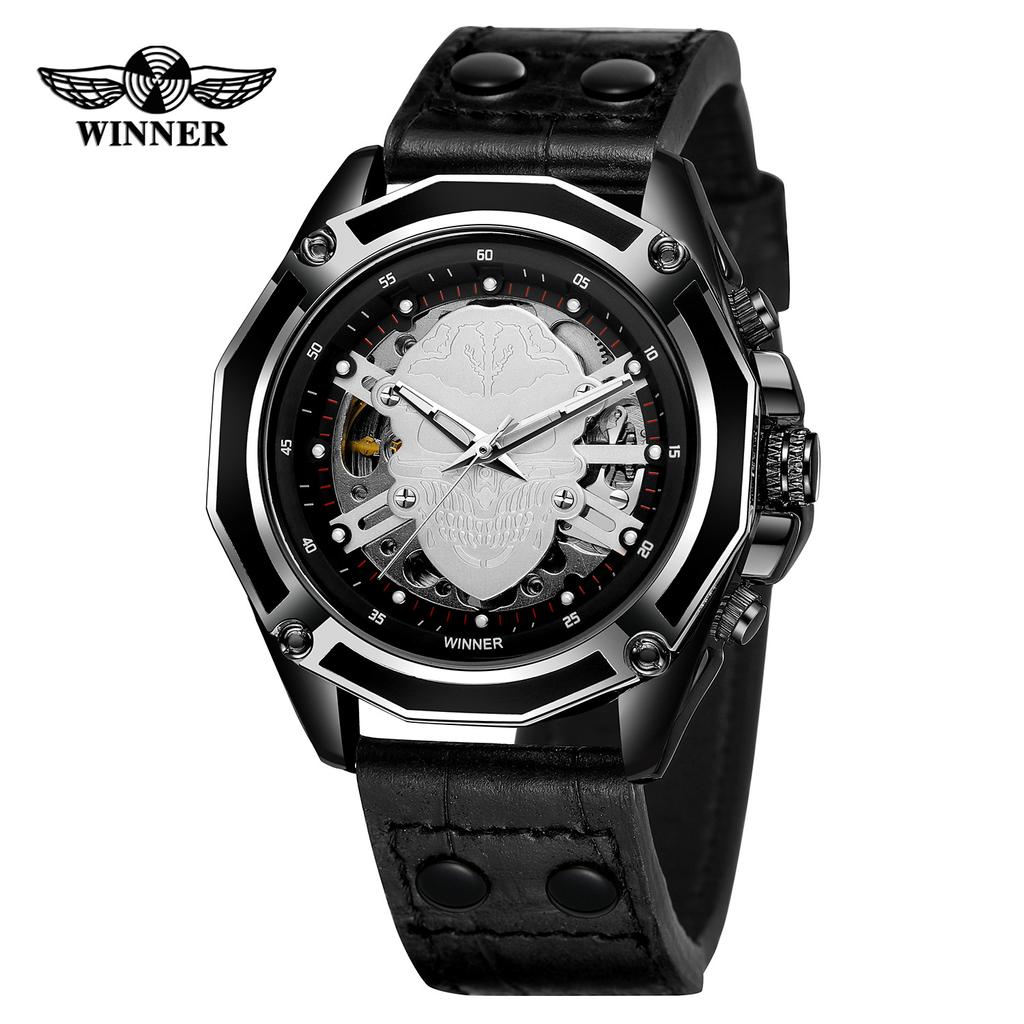 T-winner Orologio meccanico automatico impermeabile con teschio cavo con cintura in pelle casual alla moda da uomo