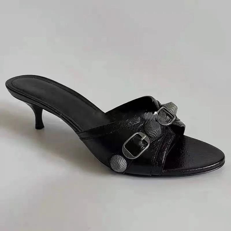 Fashion 2025 Summer Women's Studded Black Slippers Sexy Spice Punk High Heels Party Shoes