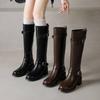 Versatile Leather Large Size Knight Boots Solid Color Back Zipper Middle Heel Round Head Square and Autumn and Winter Square and Women's High Boots