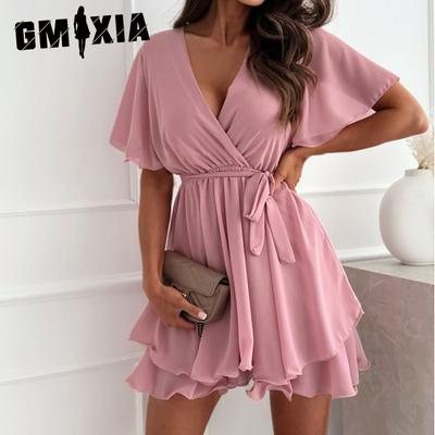 Vestito Corto Estivo Sexy da Donna con Scollo a V e Spalline Incrociate, Orlo Arricciato, Abiti in Chiffon