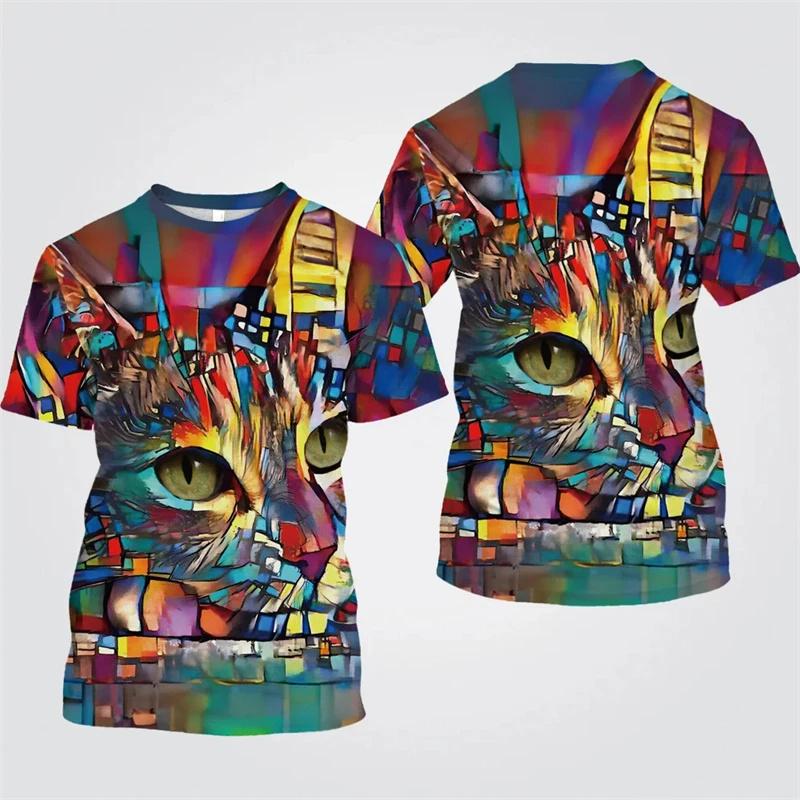 Colorful Cat Graphic T Shirt for Men Animal 3D Printed T-Shirts Summer Casual Fashion Loose Round Neck Oversize Tees Tops