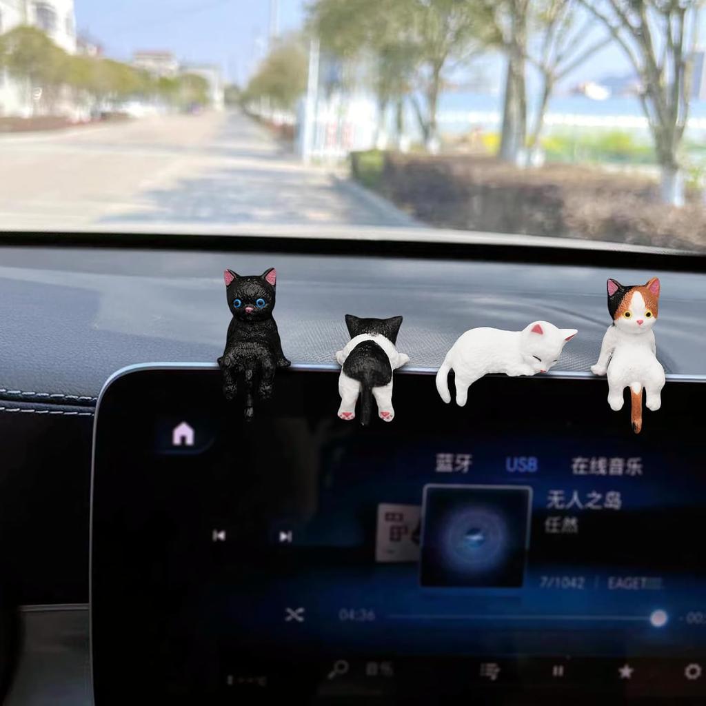 Cat Car Dashboard Decor Rear View Mirror Accessories, Set of 6 Mini Cats Cute Car Decorations Interior, Computer Monitor Figurines for Women Girl