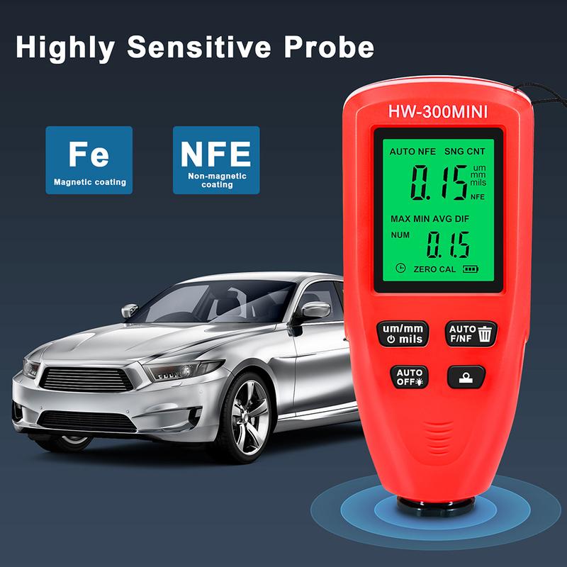 HW-300MINI Coating Thickness Gauge 0-2000UM Measuring Paint Tools Digital Auto Paint Gauge Meter Portable for Cars Auto Vehicle