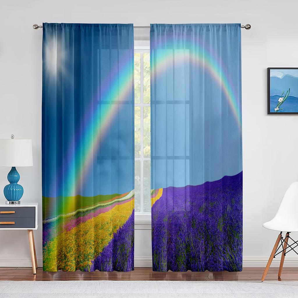Idyllic Spring Meadow On The Mountains with Flowers Rainbow Sheer Voile Curtains for Living Room Kitchen Window Tulle Curtain