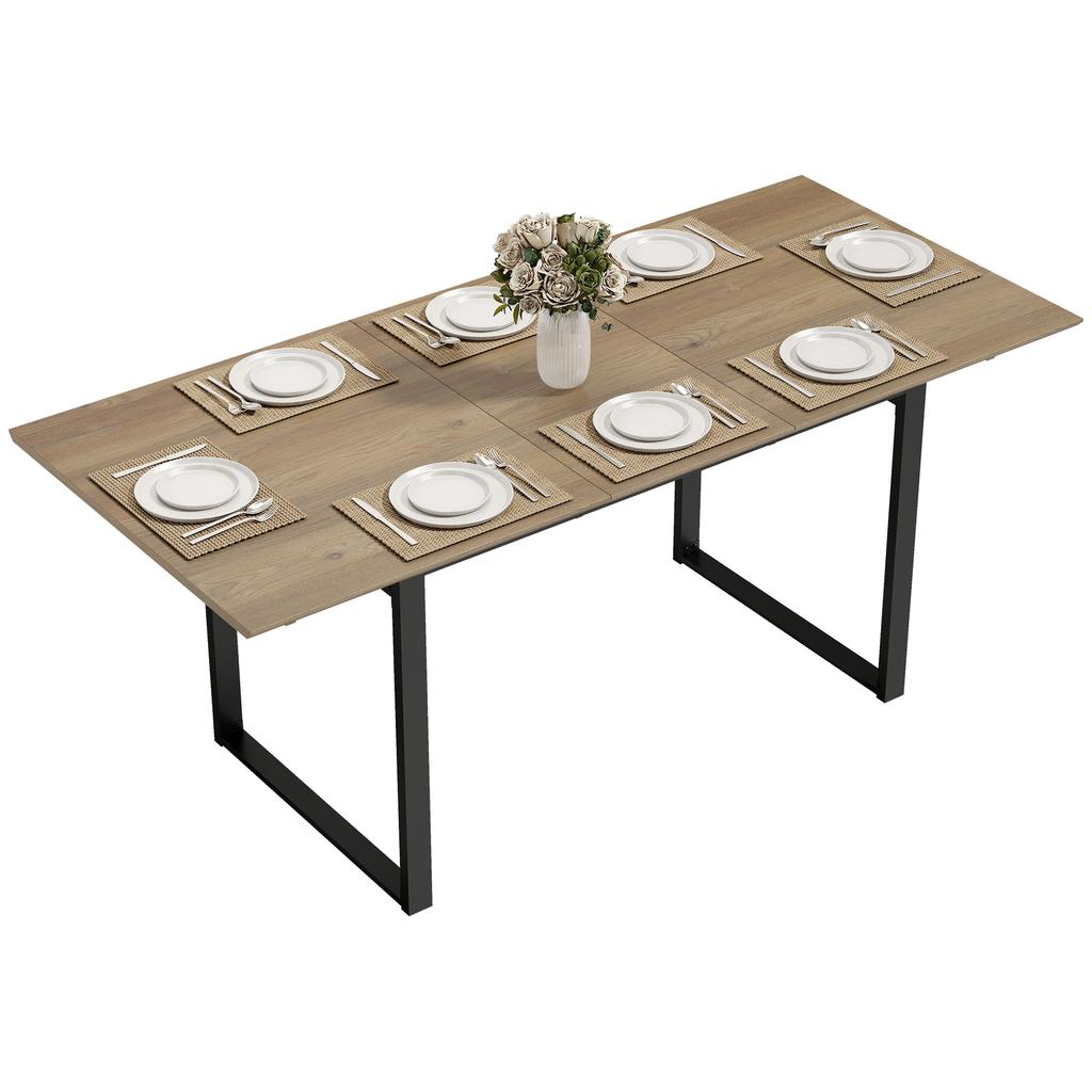 Mesa de Comedor Extensible para 6-8 Personas, 140-180 cm, Mesa de Cocina Rectangular con Base de Acero, Madera Natural+Negro