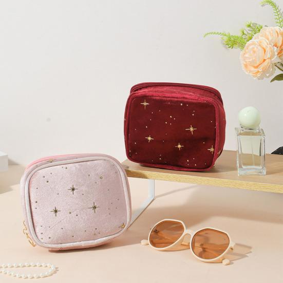 Velvet Small Cosmetic Case Women Travel Makeup Bag Star Pattern Cosmetic Bag Zippered Pouch for Lipstick Sanitary Napkin Storage