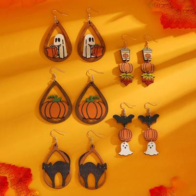 Halloween gotický styl černá kočka duch dýně splývavé náušnice s přívěskem dřevěné oboustranné vtipné náušnice pro ženy