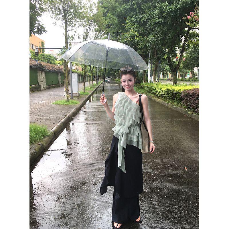 

Kumikumi Irregular Design Sloping Shoulder Sleeveless Vest Women Summer Frill Denim Wide Leg Pants Two-piece Set The Wizard of Oz presents a ribbon M