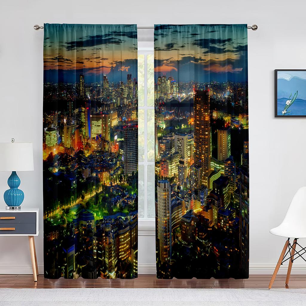 San Francisco Bay Bridge Stadsbild Skir Voilegardin USA Stad Natt Skyline Sceneri Utsikt Transparent Chiffong Tyllgardiner