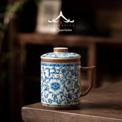 Blue & White Lotus Pattern Ceramic Mug with Lid - Chinese Style Gift Box Set for Home or Office
