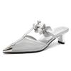 59016 High-heeled Slippers Women's Thick Heel 2025 New Bag Head Mesh Sandals Pointed Bow Light Mouth Single Shoes