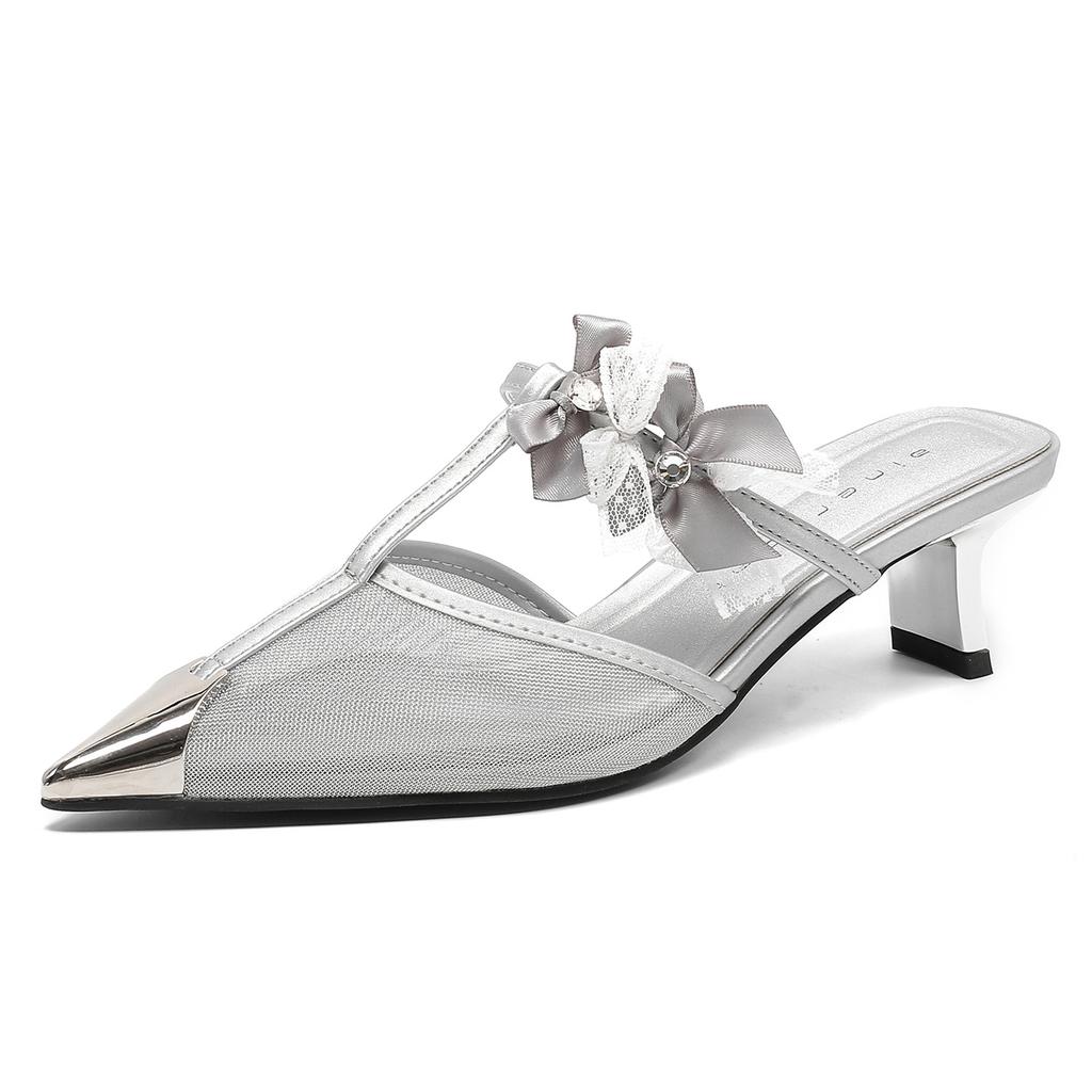 59016 High-heeled Slippers Women's Thick Heel 2025 New Bag Head Mesh Sandals Pointed Bow Light Mouth Single Shoes