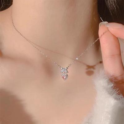 Zirkon Bowknot Herz Anhänger Halsketten Rosa Herz Damen Mädchen Elegante Schlüsselbein Kette Für Frauen Schmuck