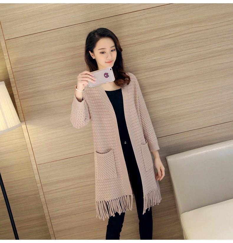 Women's Spring and Autumn Cardigan Loose Mid Length Tassel Knit Sweater Women's Cardigan Sweater Jacket