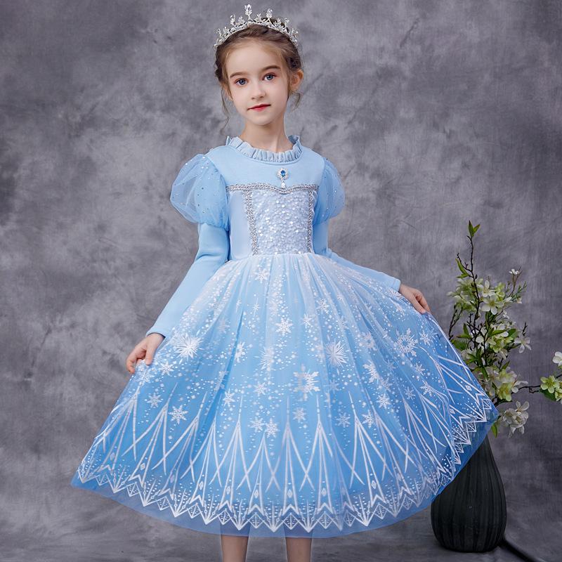 Girls' Frozen Elsa Fleece-Lined Winter Dress - Fashionable Princess Evening Dress