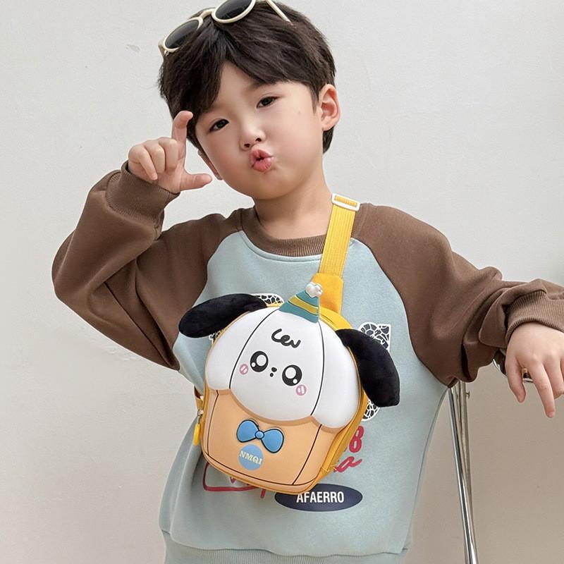 Playful Colorful And Eggshell Bag For Children With Puppy Motif In Pink Yellow Purple Blue And