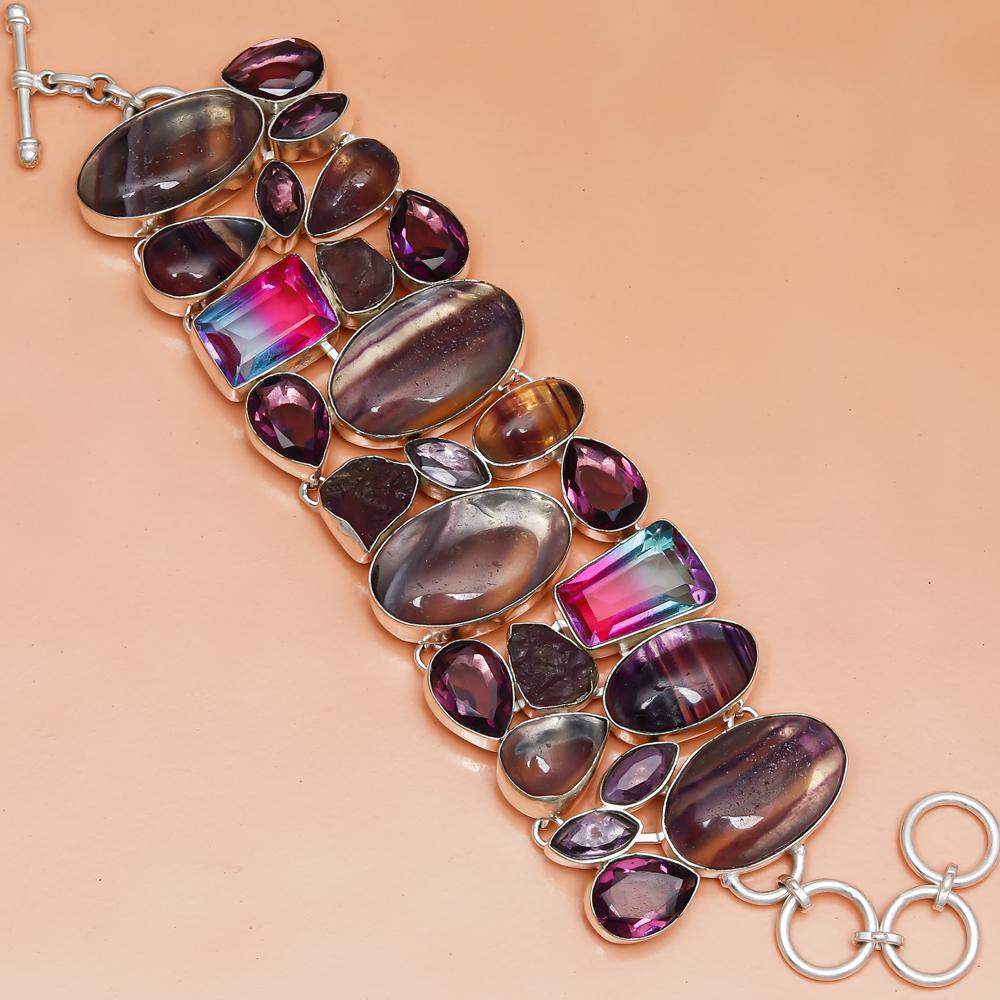Fluorite  Amethyst Quartz Gemstone Silver Jewelry Bracelet 7-8''