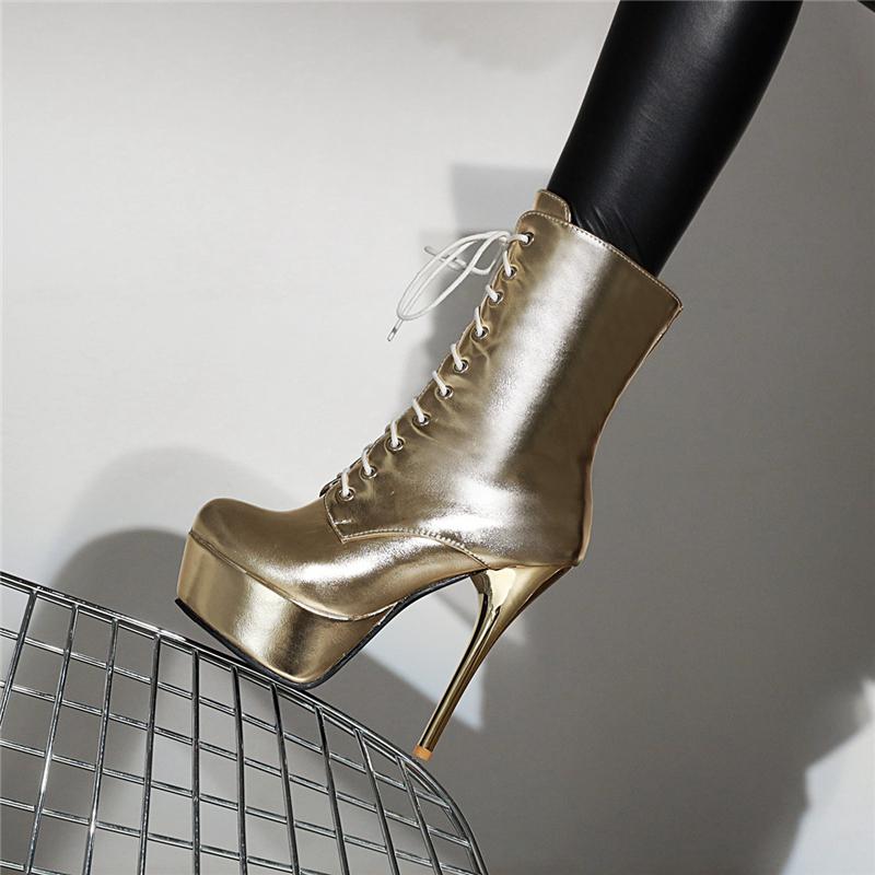 Fashion Fashio Stiefeletten Frauen Plattform Sexy High Heels Kurze Stiefel Gold Silber Rosa Lace Up Fetisch Party Schuhe Frau Große Größe