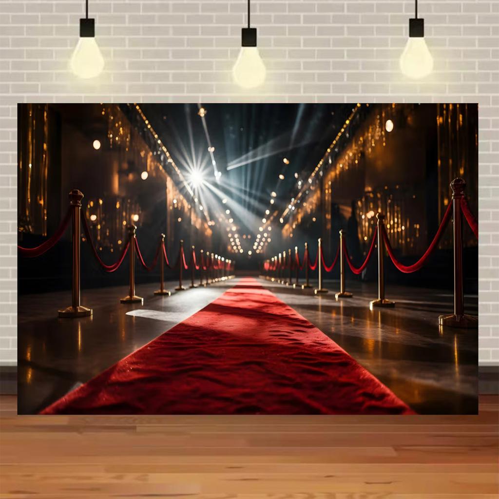 Fondo Fotografico Tappeto Rosso di Hollywood, Tema Uscita Film e Premio Oscar, Fondo Fotografico Focalizzato sull'Oro, Decorazioni per Eventi e Palchi