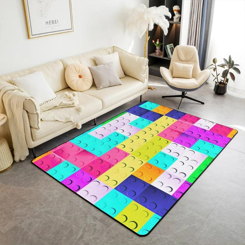 Rainbow Building Blocks Inspired Carpets for Living Room Decor Construction Carpet for Boys Girls Bedroom Washable Entrance Rug