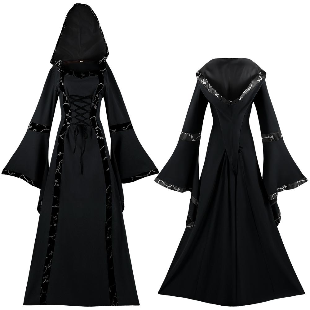Medieval Clothing Retro Hooded Dress Square Neck Strap-up Flared Sleeve Big Swing Dress Performance Clothing