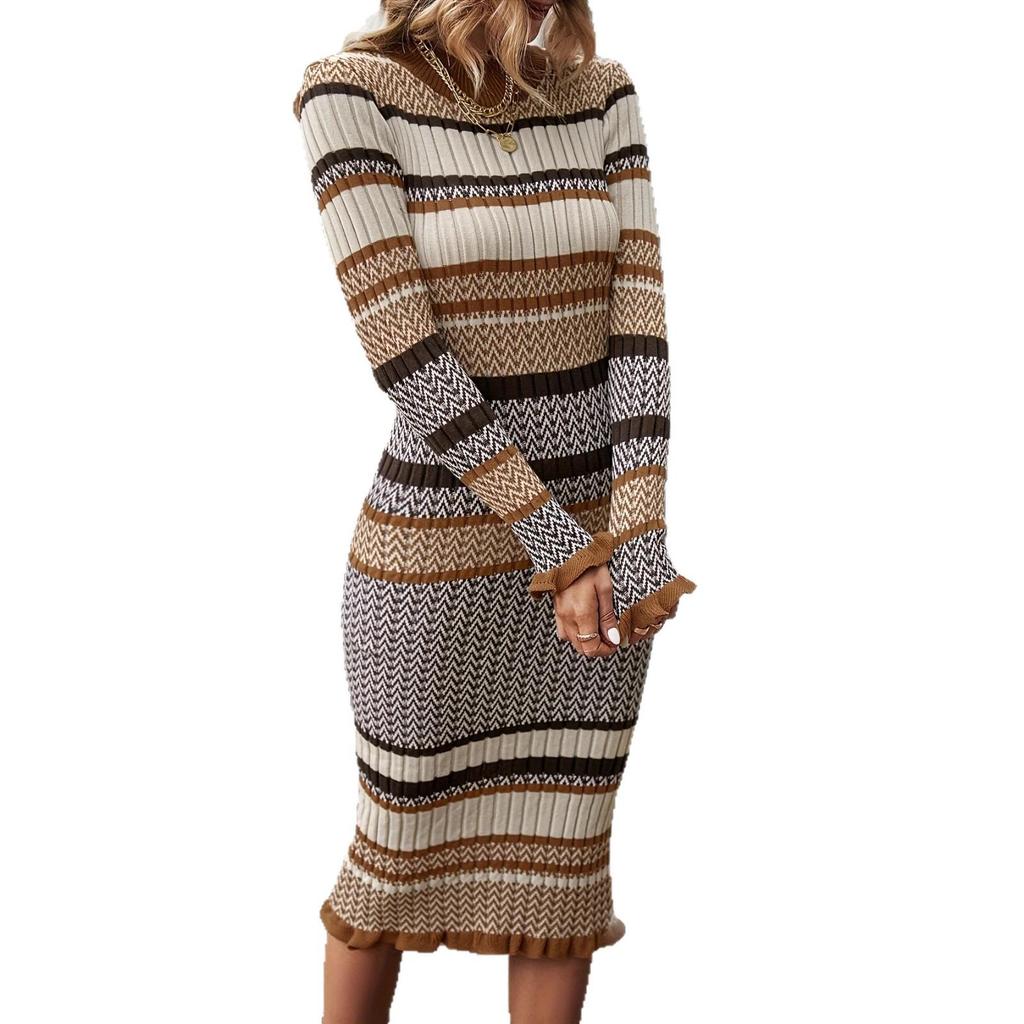 New Autumn Winter Striped Long Sleeve Round Neck Slim Fit Knit Dress
