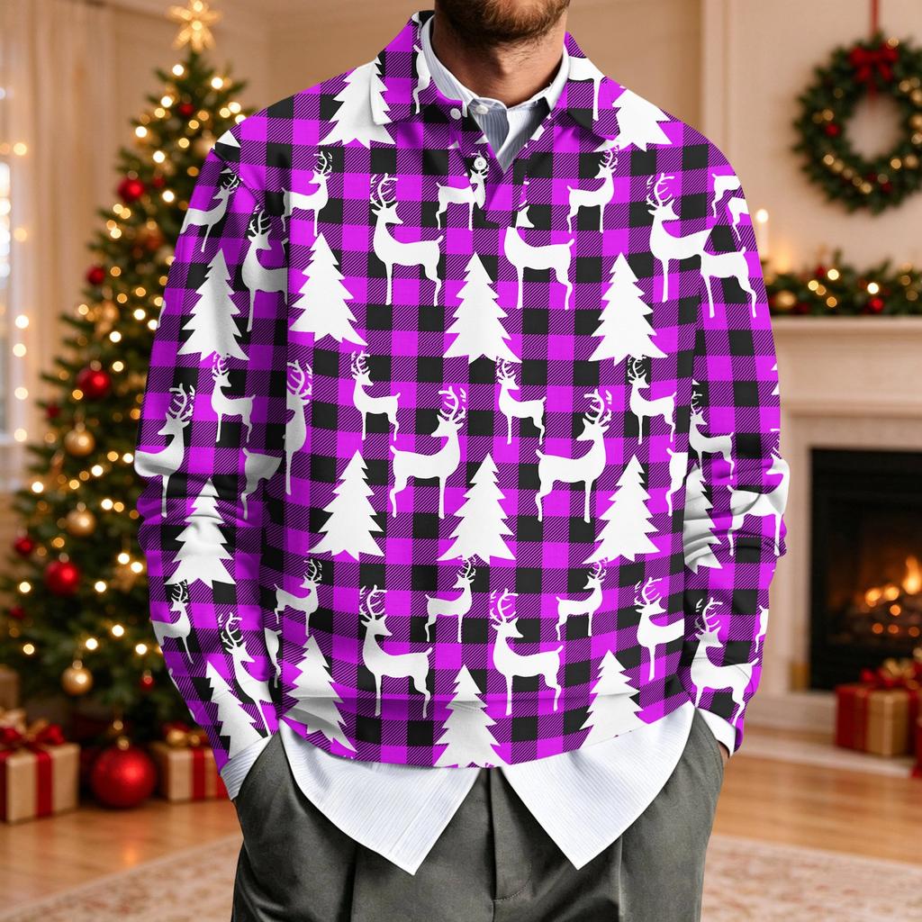 Men's Casual Loose Fit Long Sleeve Collared Shirt with Christmas Print for Holiday Parties