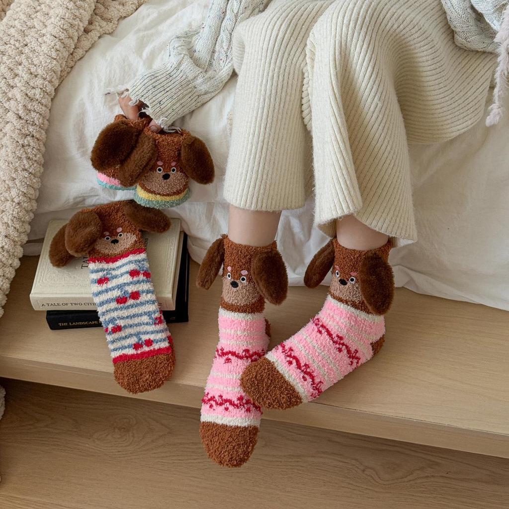 Women's Non-Shedding Coral Fleece Sleep Socks - Cute Cartoon Puppy Design with Big Ears, Warm Mid-Calf Socks for Autumn and Winter.