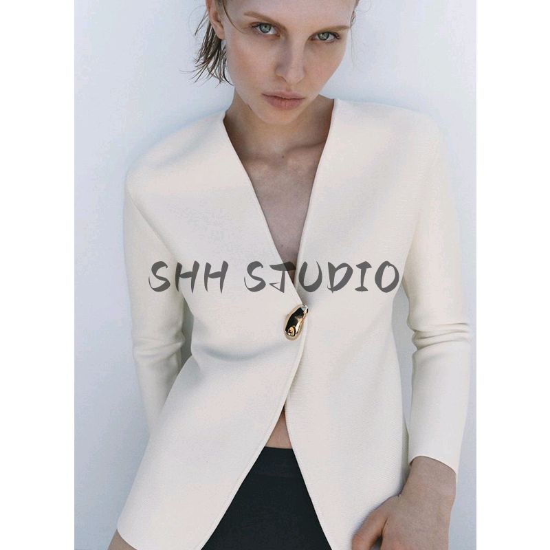 Spring New Women's Clothing French Minority Casual Minimalist Easiest for Match V Neck Long Sleeve Knitted Coat 4192005